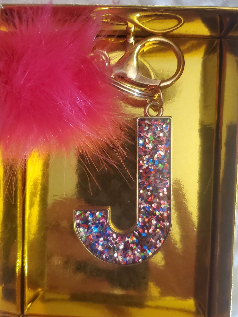 Eccolo Glitter 'J' Keychain with Hot Pink Pom Pom